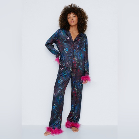 Nasty Gal Other - Nasty Gal Astrology Satin Feather Pajama Pants Set|NWT Size 6